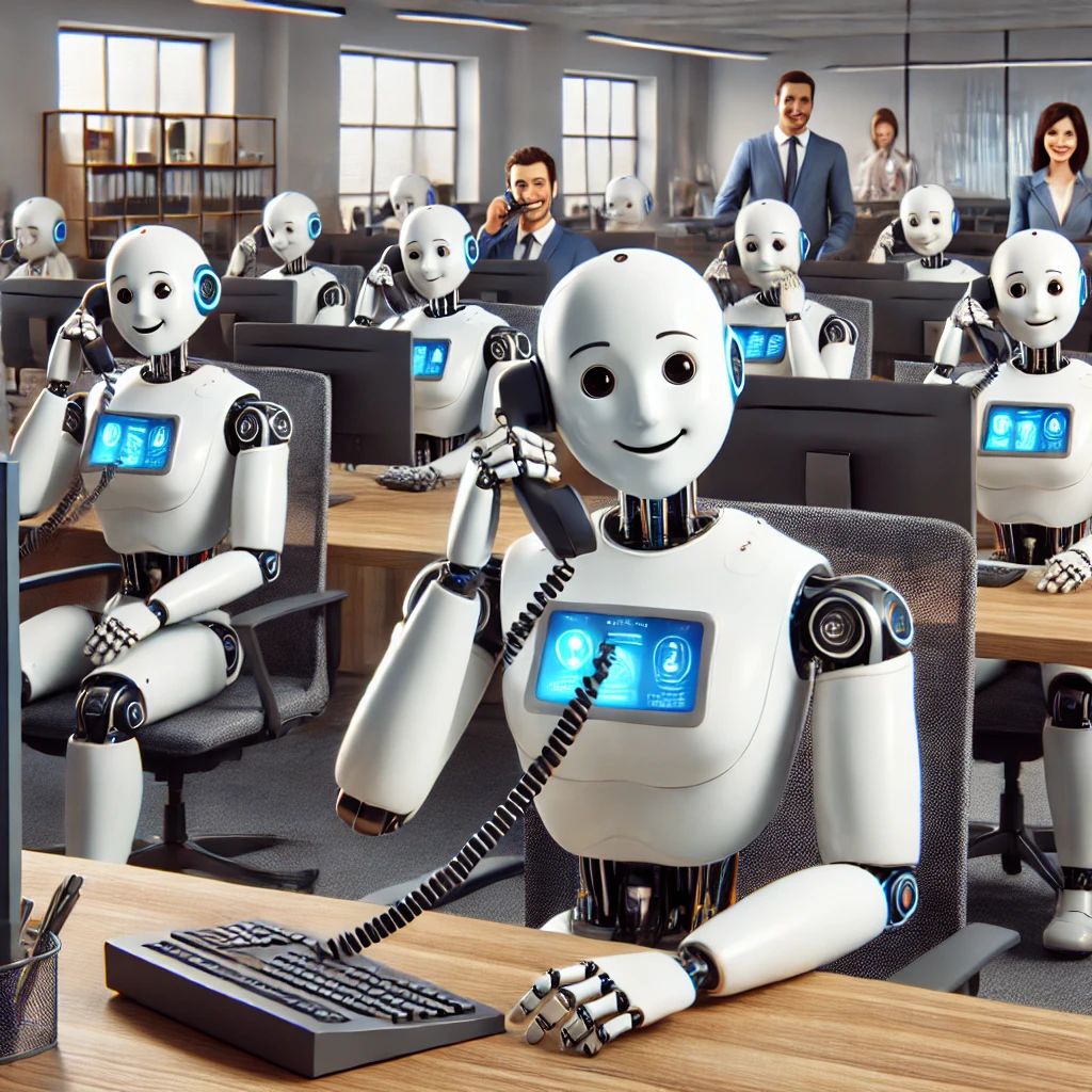 DALL·E 2025-03-11 10.39.03 - A modern office with 11 humanoid robots making phone calls. Some robots are laughing, others are highly focused, and a few appear frustrated. The robo